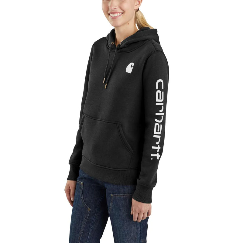 Load image into Gallery viewer, Carhartt Women&#39;s Relaxed Fit Midweight Logo Sleeve Hoodie Black 102791-001
