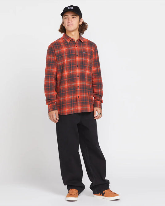 Volcom Men's Caden Plaid Long Sleeve Shirt Bright Red A0532407-BRE