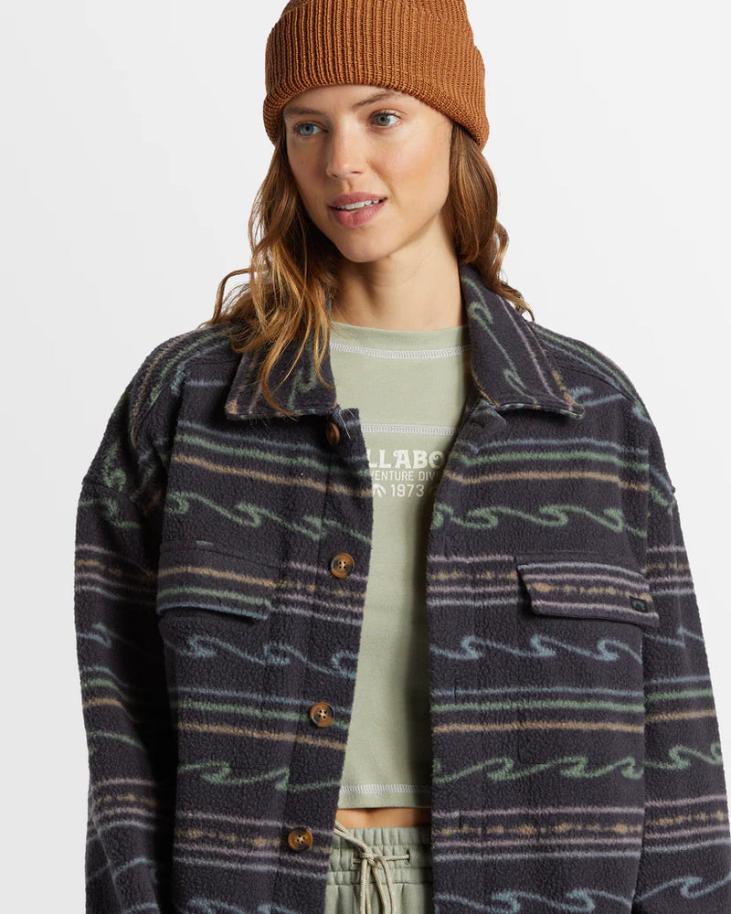 Load image into Gallery viewer, Billabong Women&#39;s Happy Camper Button Down Shacket Black Sands ABJFT00417_BSD
