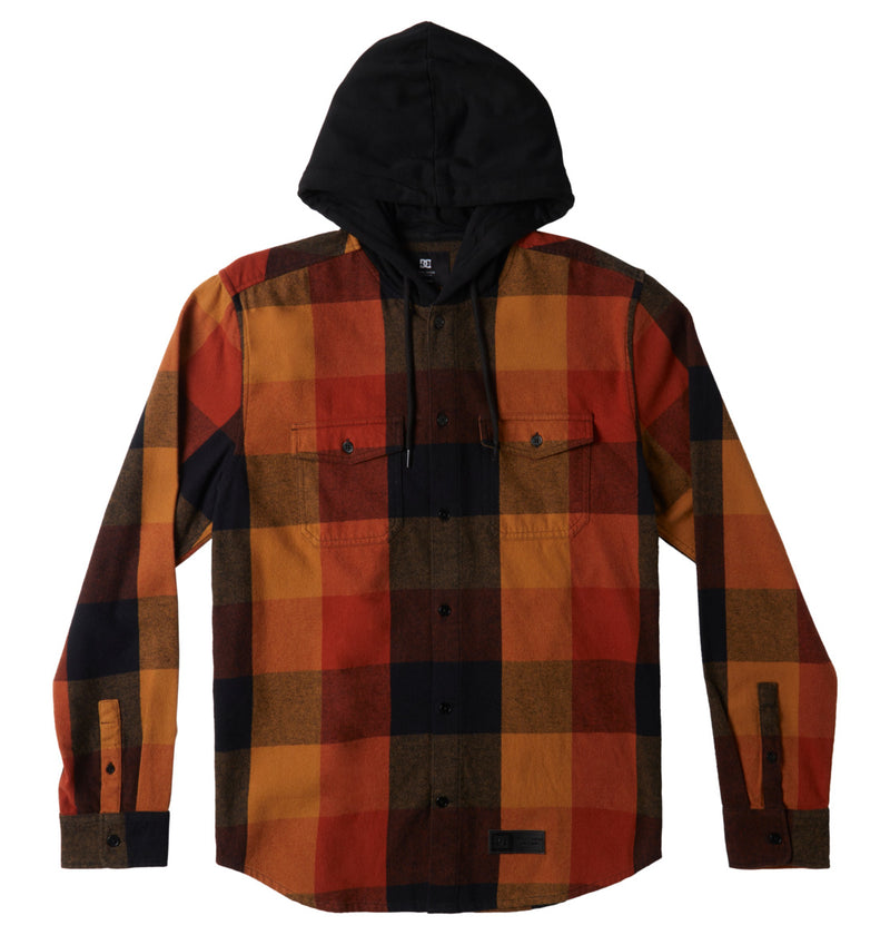 Load image into Gallery viewer, DC Men&#39;s Ruckus Hooded Long Sleeve Shirt Black Ar. Spice Chipmunk Plaid ADYWT03104_XKNC
