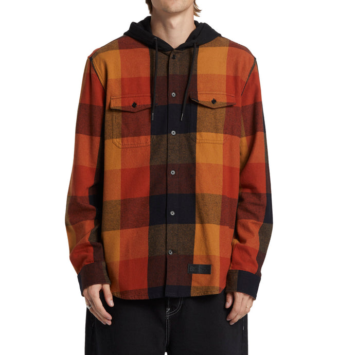 DC Men's Ruckus Hooded Long Sleeve Shirt Black Ar. Spice Chipmunk Plaid ADYWT03104_XKNC