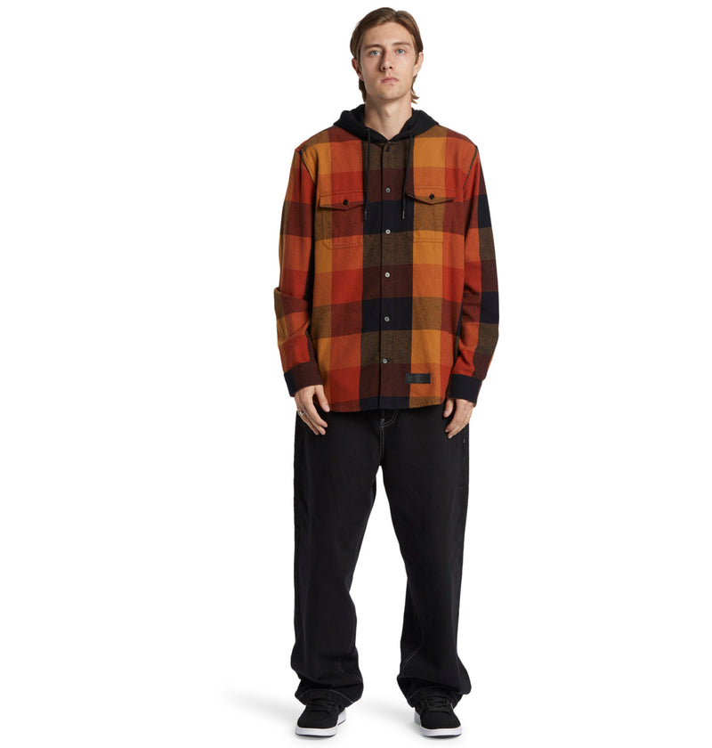 Load image into Gallery viewer, DC Men&#39;s Ruckus Hooded Long Sleeve Shirt Black Ar. Spice Chipmunk Plaid ADYWT03104_XKNC
