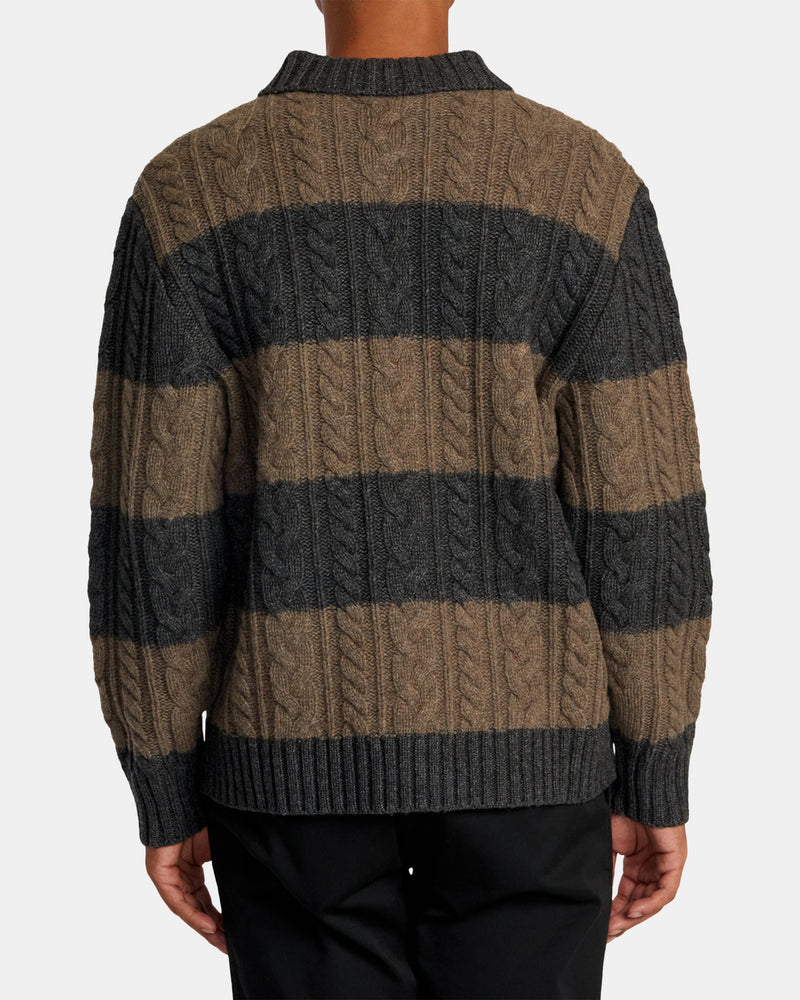 Load image into Gallery viewer, RVCA Men&#39;s Chefs Kiss - Cardigan Camel Charcoal Heather Stripe AVYSW00140_CMW3
