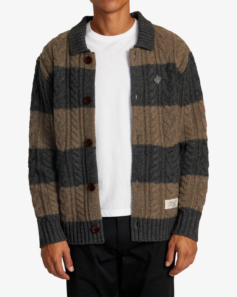 Load image into Gallery viewer, RVCA Men&#39;s Chefs Kiss - Cardigan Camel Charcoal Heather Stripe AVYSW00140_CMW3
