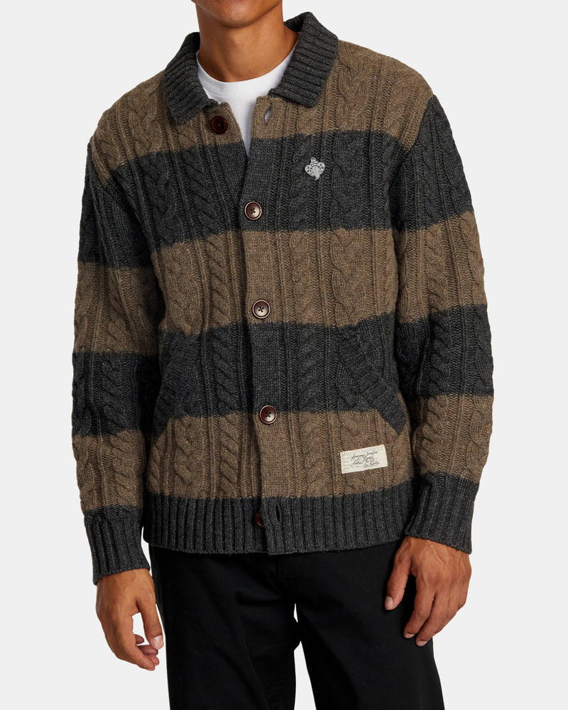 Load image into Gallery viewer, RVCA Men&#39;s Chefs Kiss - Cardigan Camel Charcoal Heather Stripe AVYSW00140_CMW3
