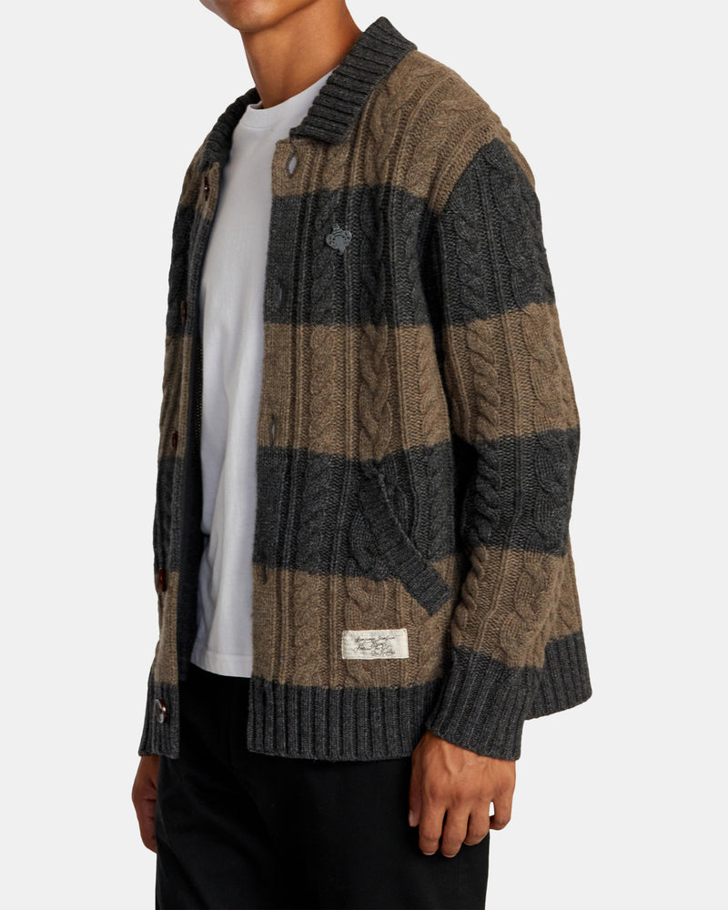 Load image into Gallery viewer, RVCA Men&#39;s Chefs Kiss - Cardigan Camel Charcoal Heather Stripe AVYSW00140_CMW3
