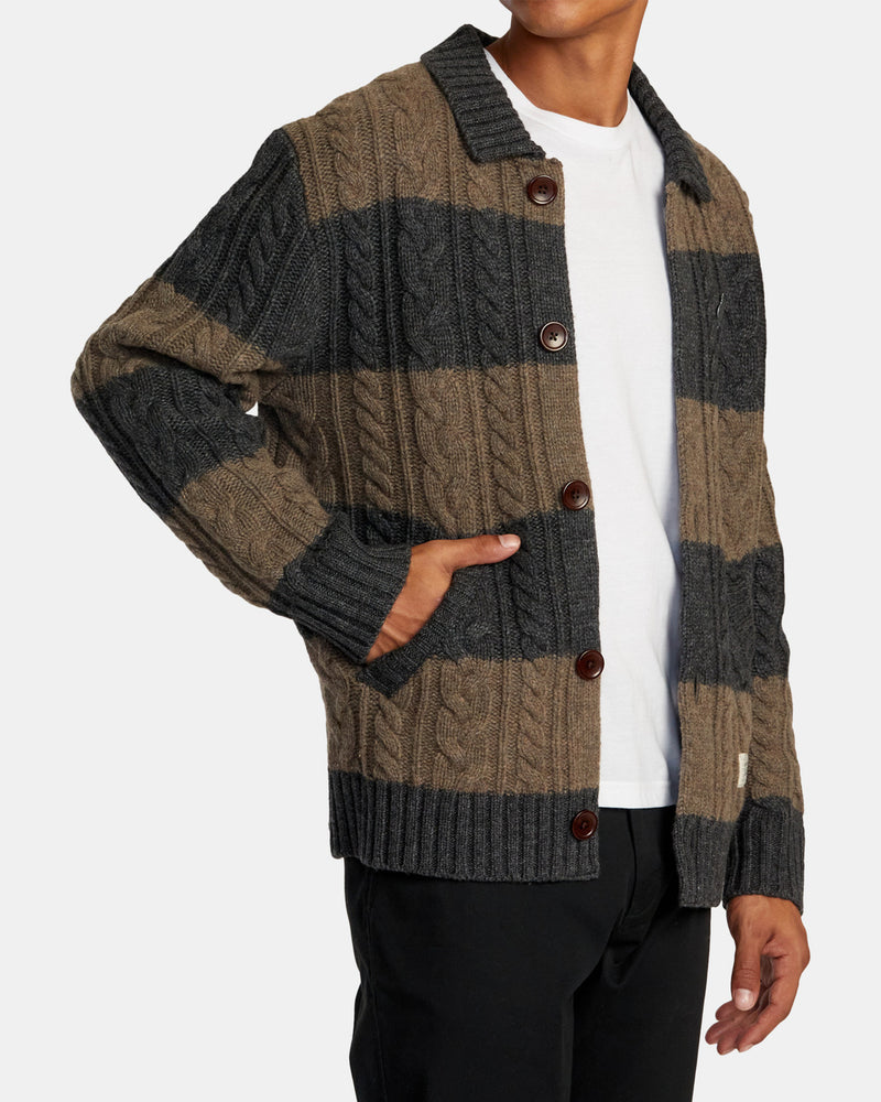 Load image into Gallery viewer, RVCA Men&#39;s Chefs Kiss - Cardigan Camel Charcoal Heather Stripe AVYSW00140_CMW3
