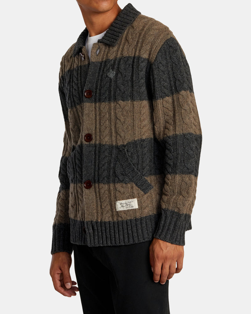 Load image into Gallery viewer, RVCA Men&#39;s Chefs Kiss - Cardigan Camel Charcoal Heather Stripe AVYSW00140_CMW3
