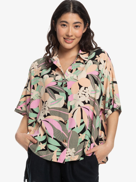 Roxy Women's Beach Nostalgia Short Sleeve Shirt Anthracite Palm Song ERJWT03614-KVJ6